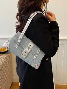 Stylish denim baguette shoulder bag with silver buckle and studs decoration for women