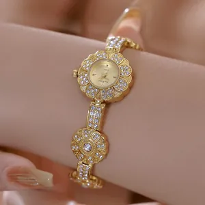 Luxury Women Flower Bracelet Watch Rhinestone Inlaid Alloy Vintage Quartz Wristwatch Fashion Elegant Jewelry Timepiece For Lady