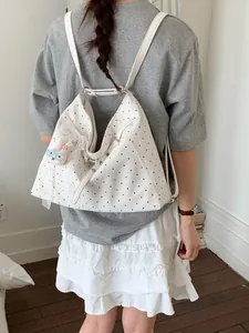 Stylish white polka dot backpack and large capacity tote bag with cute rabbit charm