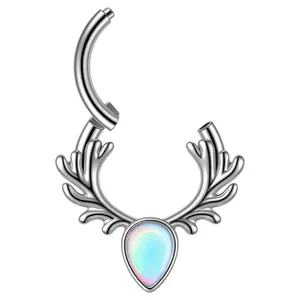 Antler shaped stainless steel clicker ring with iridescent teardrop inlay for piercings