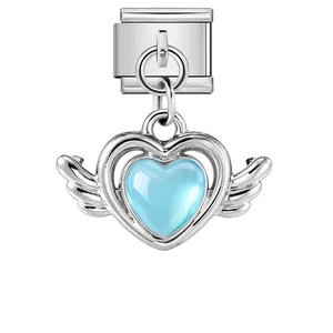 Charme d'ailes d'ange coeur bleu clair pour bracelet modulaire italien en acier inoxydable