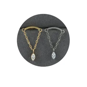G23 titanium chain labret studs with marquise crystal pendants in gold and silver finish
