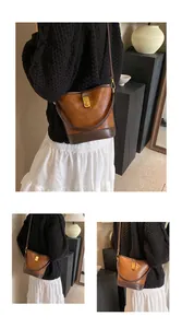 Detailed view of this retro brown leather bucket bag shown from multiple angles while worn