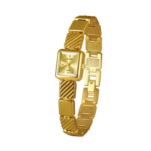 Elegante reloj de cuarzo para mujer con esfera cuadrada dorada y brazalete de eslabones
