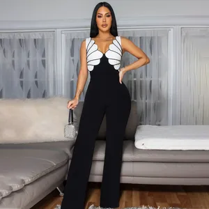 Élégante combinaison sexy sans manches col V avec détails festonnés noir et blanc