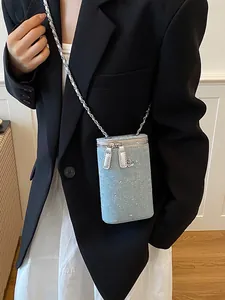French style sparkly light blue denim crossbody phone bag with elegant silver chain strap