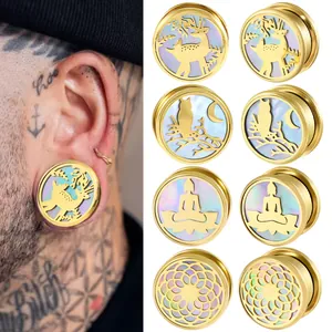 Edelstahl Hohl Lotus Buddha Eule Hirsch Muschel Ohr Gauge Innengewinde Flaschenzug Expander Vergoldeter Körperschmuck