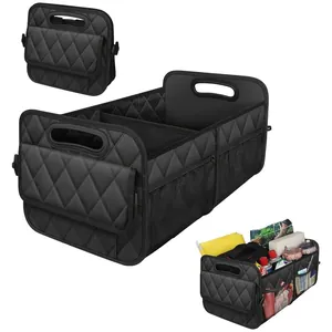 Detailed view of foldable car trunk organizer showing compartments and diamond quilted texture