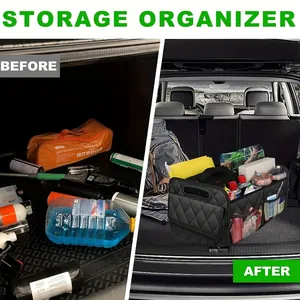 Before and after comparison showing the efficiency of a large car trunk storage organizer box
