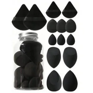 Black makeup sponge blender set in various shapes including a clear storage jar