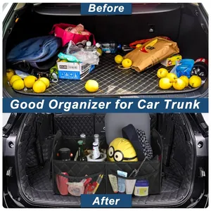 Comparison of messy trunk vs. organized state with black quilted car storage bag