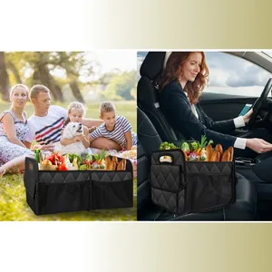 Black quilted car organizer box shown in family picnic and grocery storage scenarios