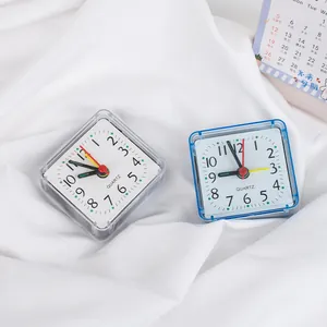 Minimalist square quartz analog alarm clocks for students in blue and clear cases.
