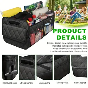 Detailed features of the large-capacity car trunk organizer with mesh pockets and handles