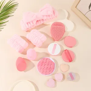Complete 14-piece pink makeup puff and plush headband beauty accessory set details