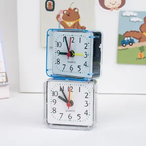 Minimalist square analog alarm clock for students in blue and clear frames