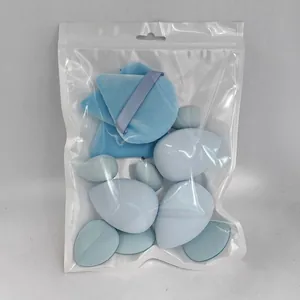 Light blue soft makeup sponge set with powder puff in a transparent zip packaging bag.