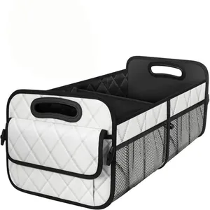 Large white car trunk organizer with quilted diamond pattern and mesh side pockets