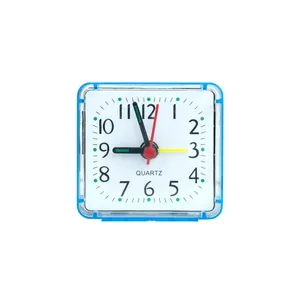 Minimalist square quartz alarm clock with transparent blue frame for kids and students