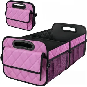 Pink quilted car trunk organizer with large capacity, showing folded and expanded views.