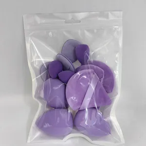 Detailed view of soft purple makeup sponge set in transparent zipper bag.