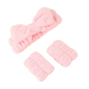 Soft pink plush headband and wristband set for face washing and skincare routines