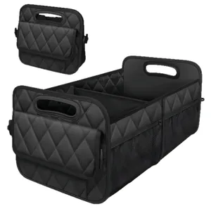 Foldable large capacity black quilted car trunk organizer with side handles and mesh pockets