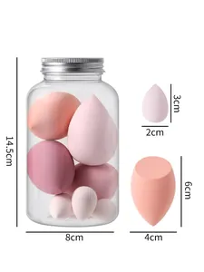 Set of soft pink makeup sponges in various sizes with jar dimension labels 14.5cm