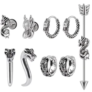 Set de boucles d'oreilles dragon en acier inoxydable avec piercing industriel