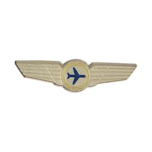 Klassische goldene Pilotenflügel-Brosche aus Metall mit blauem Flugzeug-Logo für Kleidung