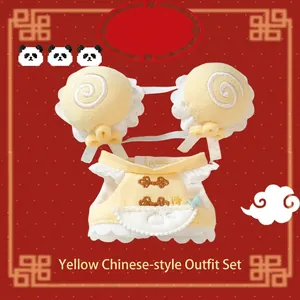 Dettaglio set vestiti Chuka Musume gialli per bambola di cotone 10cm con accessori