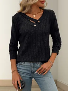 Elegantes Damen Langarm-Strickoberteil mit Rippenmuster und V-Ausschnitt mit Knöpfen