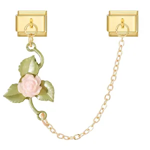 Gold Italian modular bracelet charm detail with pink rose flower and twin links