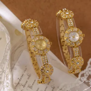 Elegant gold floral bracelet watch for women with vintage quartz movement and rhinestones