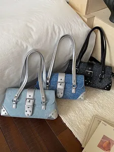 Denim buckle baguette shoulder bag in light blue, dark blue and black colors