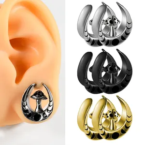 Stainless Steel U-Shaped Ear Gauges Mushroom Moon Phase Punk Ear Plugs Tunnels Piercing Jewelry For Men Women Gold Black Silver