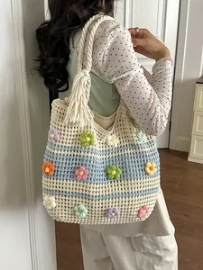 Sac fourre-tout au crochet avec fleurs 3D colorées pour les vacances d'été à la plage