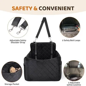 Siège auto matelassé noir pour chien avec sangles de sécurité réglables et poche latérale