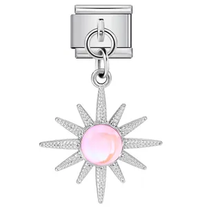 Charm italien élégant en acier inoxydable avec pendentif soleil rose et pierres brillantes