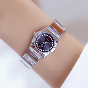 Elegante zilveren dameshorloge met strass steentjes en zwarte wijzerplaat