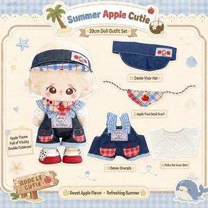 Vêtements de Poupée en Coton 20cm Kawaii Chapeau en Denim Écharpe Vichy Chemise à Pois Salopette Bouton Cœur Accessoires de Poupée en Peluche Cadeau