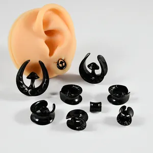 Black stainless steel mushroom ear gauges and expanders set with silicone model