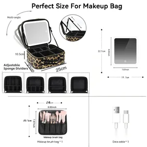 Detailed dimensions of leopard print PU leather makeup box with LED mirror and brush bag