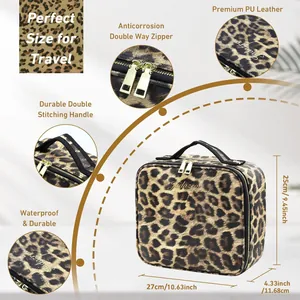Leopard print PU leather makeup case features and dimensions detail.