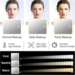 Detailed view of LED makeup mirror showing three adjustable light modes and dimming