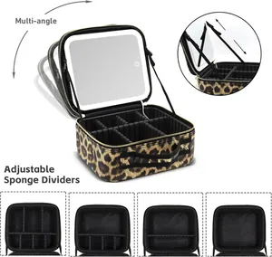 Detail showing adjustable sponge dividers and LED mirror of leopard print makeup case