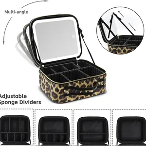 Leopard print PU leather makeup train case with LED mirror and adjustable dividers