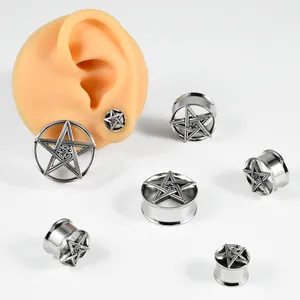 Dilatadores de oreja de acero inoxidable con estrella pentagrama joyas de piercing