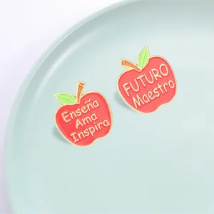 Spanish teacher gift red apple enamel pins with motivational text engraving