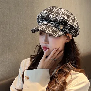 Women British Style Plaid Newsboy Cap Elegant Heart Buckle Octagonal Hat Vintage French Beret Fashion Daily Causal Flat Cap